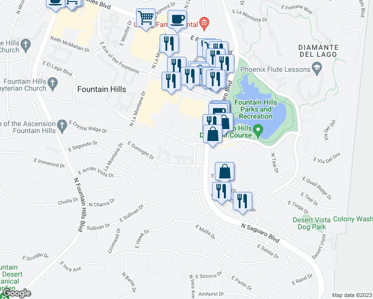 map of restaurants, bars, coffee shops, grocery stores, and more near 16805 East El Lago Boulevard in Fountain Hills