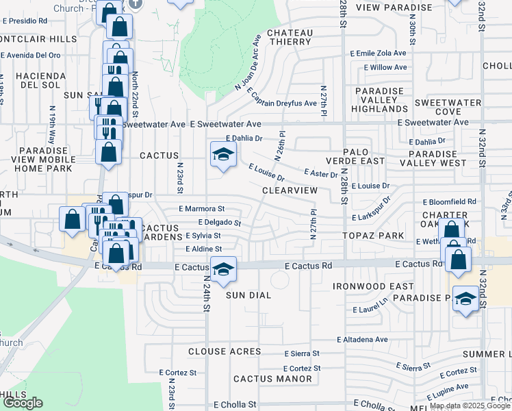 map of restaurants, bars, coffee shops, grocery stores, and more near 2517 East Larkspur Drive in Phoenix