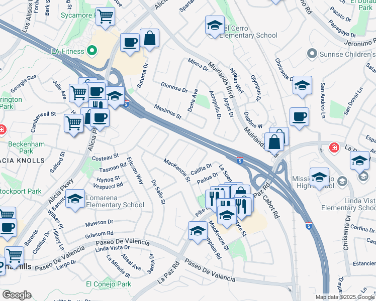 map of restaurants, bars, coffee shops, grocery stores, and more near 24971 Express Drive in Laguna Hills