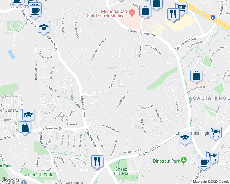 map of restaurants, bars, coffee shops, grocery stores, and more near 704 Avenida Sevilla in Laguna Woods