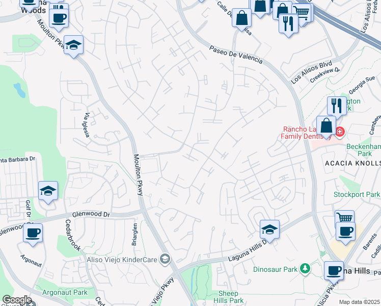 map of restaurants, bars, coffee shops, grocery stores, and more near 704 Avenida Sevilla in Laguna Woods