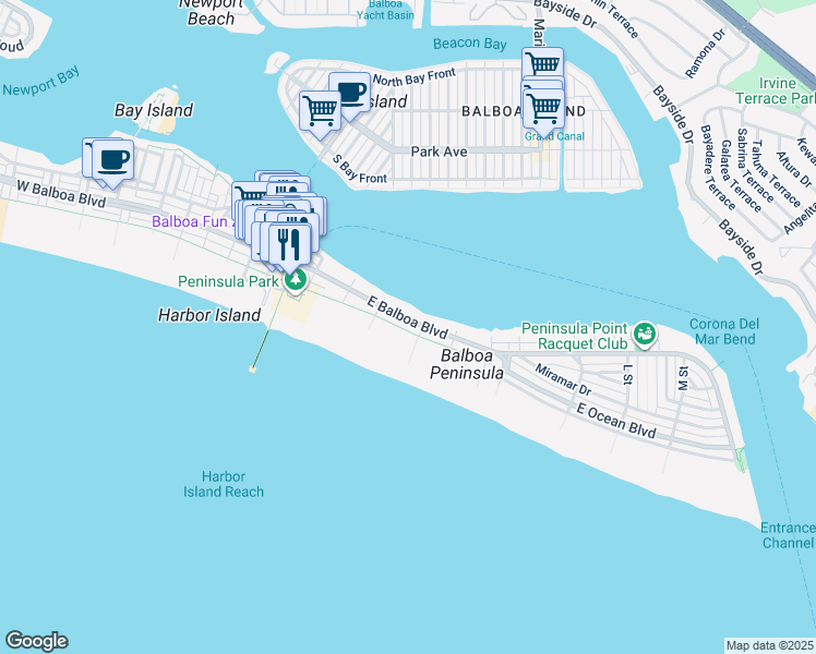 map of restaurants, bars, coffee shops, grocery stores, and more near 1025 East Balboa Boulevard in Newport Beach