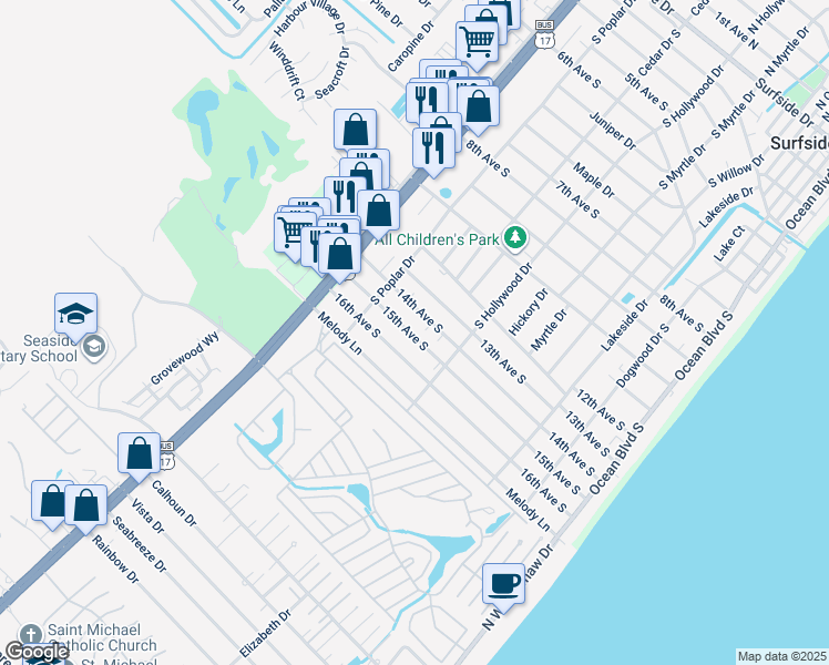 map of restaurants, bars, coffee shops, grocery stores, and more near 613 14th Avenue South in Surfside Beach