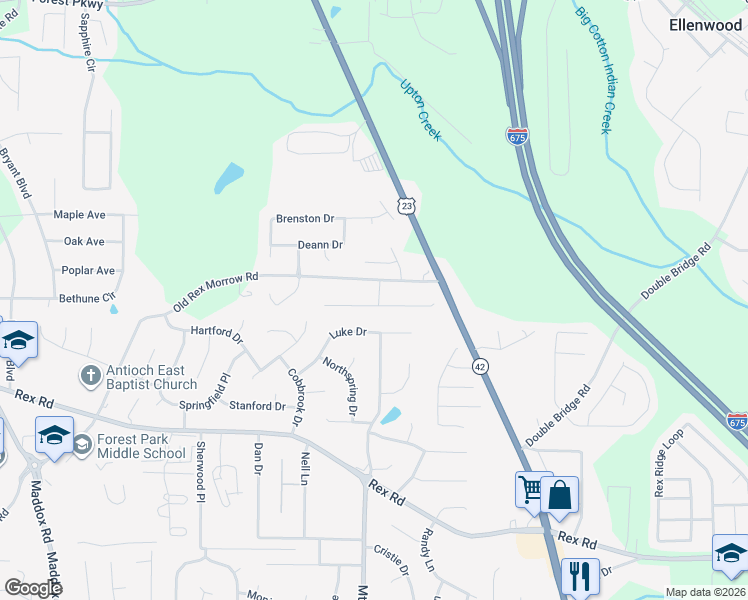 map of restaurants, bars, coffee shops, grocery stores, and more near 5675 Acorn Drive in Ellenwood