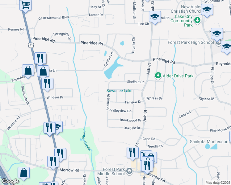map of restaurants, bars, coffee shops, grocery stores, and more near 5655 Dorsey Drive in Forest Park