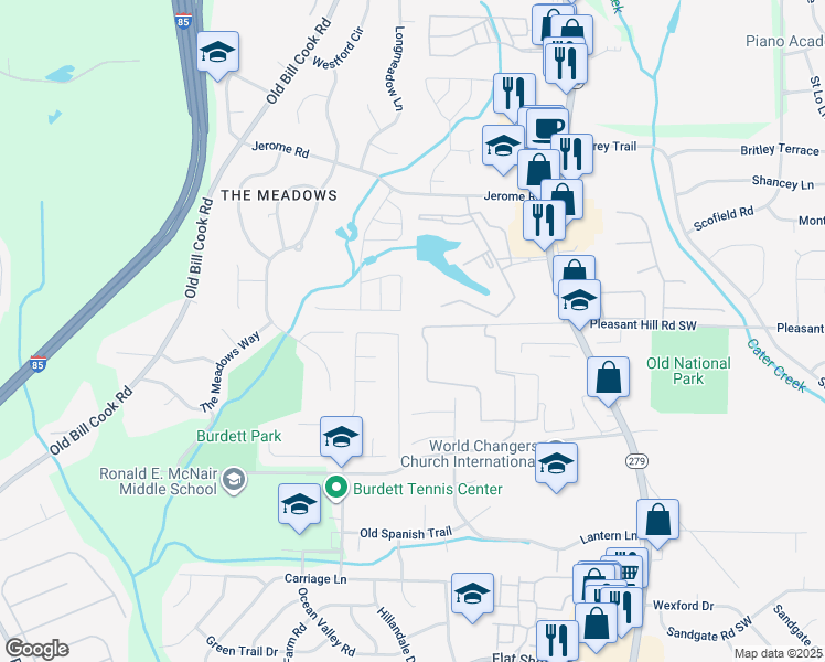 map of restaurants, bars, coffee shops, grocery stores, and more near 5460 Hampton Court in College Park