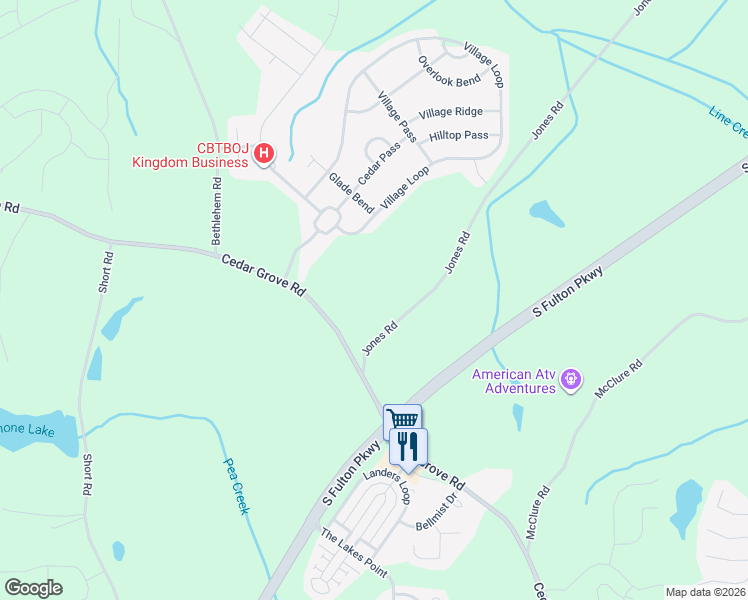 map of restaurants, bars, coffee shops, grocery stores, and more near 7750 Jones Road in Fairburn