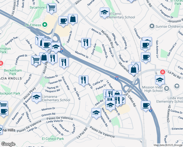 map of restaurants, bars, coffee shops, grocery stores, and more near 24971 Express Drive in Laguna Hills