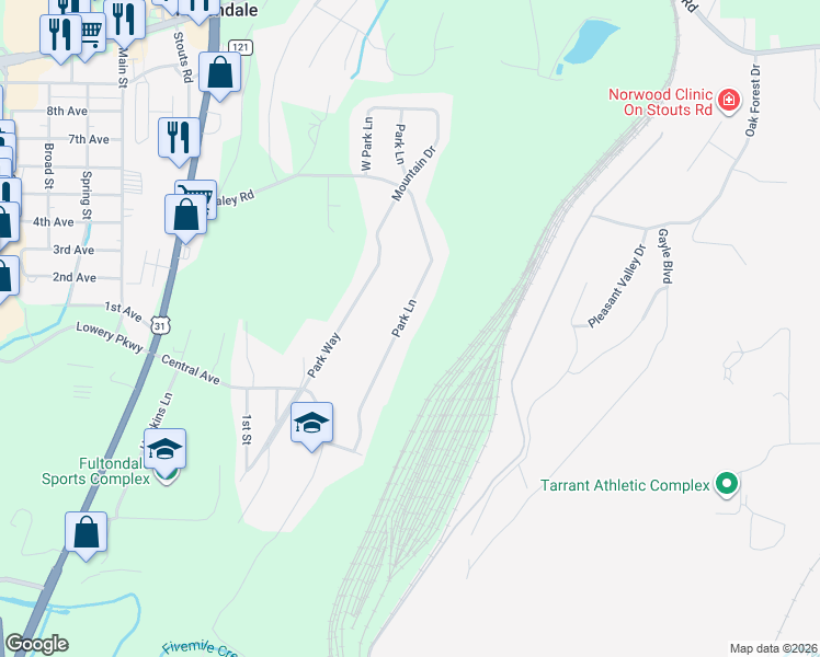 map of restaurants, bars, coffee shops, grocery stores, and more near 701 Park Lane in Fultondale