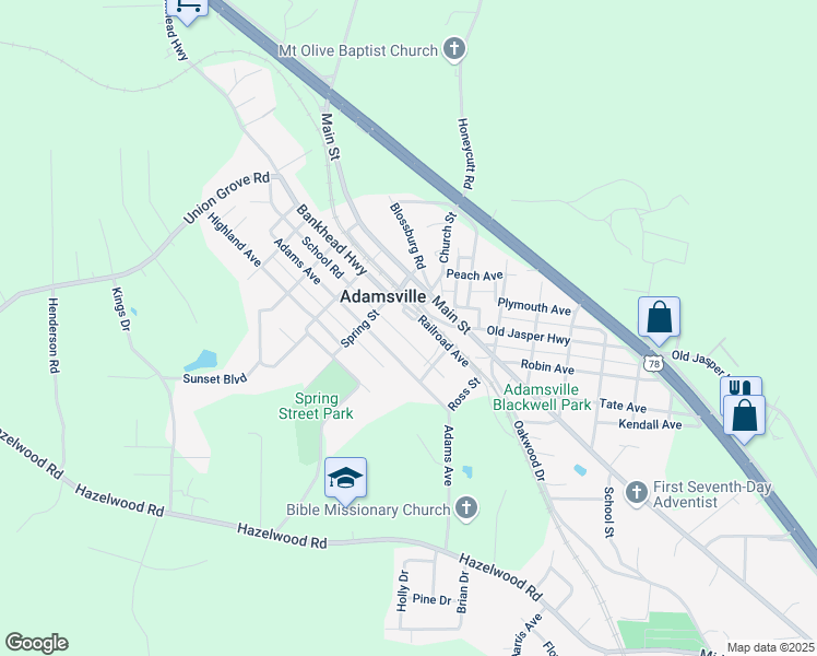 map of restaurants, bars, coffee shops, grocery stores, and more near 4901 Railroad Avenue in Adamsville