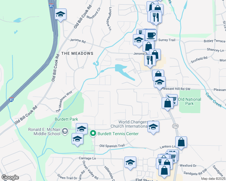map of restaurants, bars, coffee shops, grocery stores, and more near 5450 Hampton Court in College Park