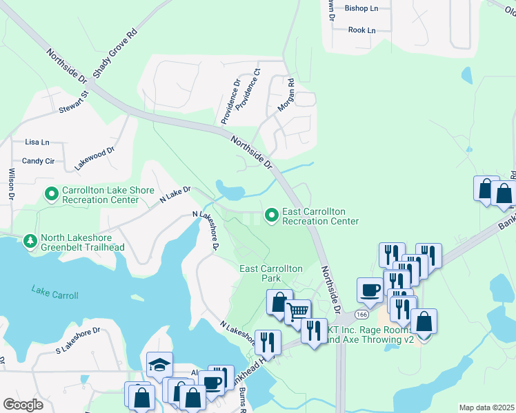 map of restaurants, bars, coffee shops, grocery stores, and more near 407 North Lake Drive in Carrollton