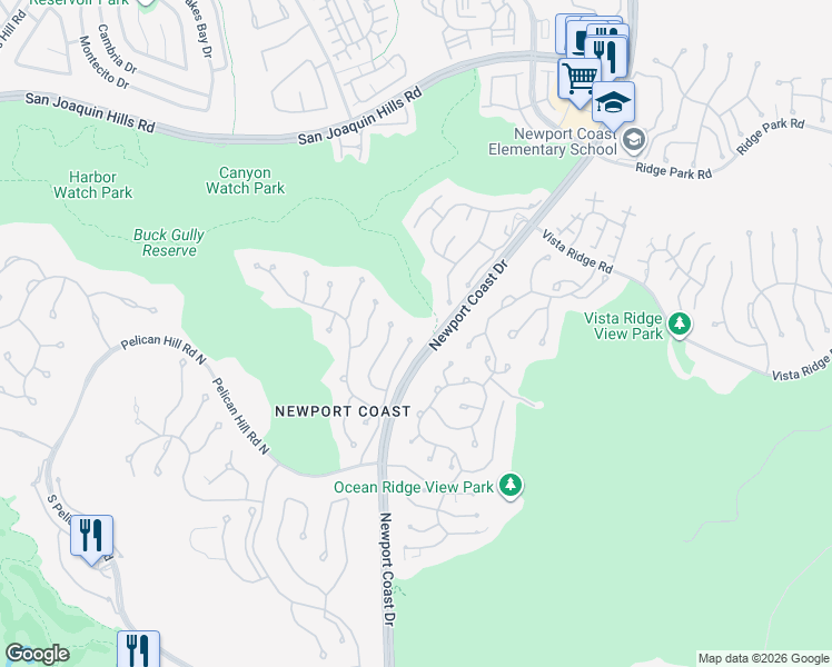 map of restaurants, bars, coffee shops, grocery stores, and more near 1 Vista Luci in Newport Beach