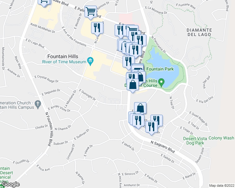 map of restaurants, bars, coffee shops, grocery stores, and more near 16805 East El Lago Boulevard in Fountain Hills