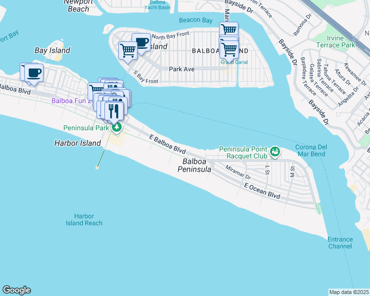 map of restaurants, bars, coffee shops, grocery stores, and more near 1214 East Balboa Boulevard in Newport Beach
