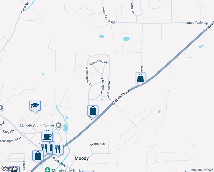 map of restaurants, bars, coffee shops, grocery stores, and more near 1067 Washington Drive in Moody