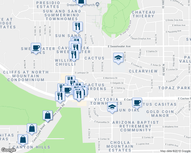 map of restaurants, bars, coffee shops, grocery stores, and more near 2302 East Marmora Street in Phoenix