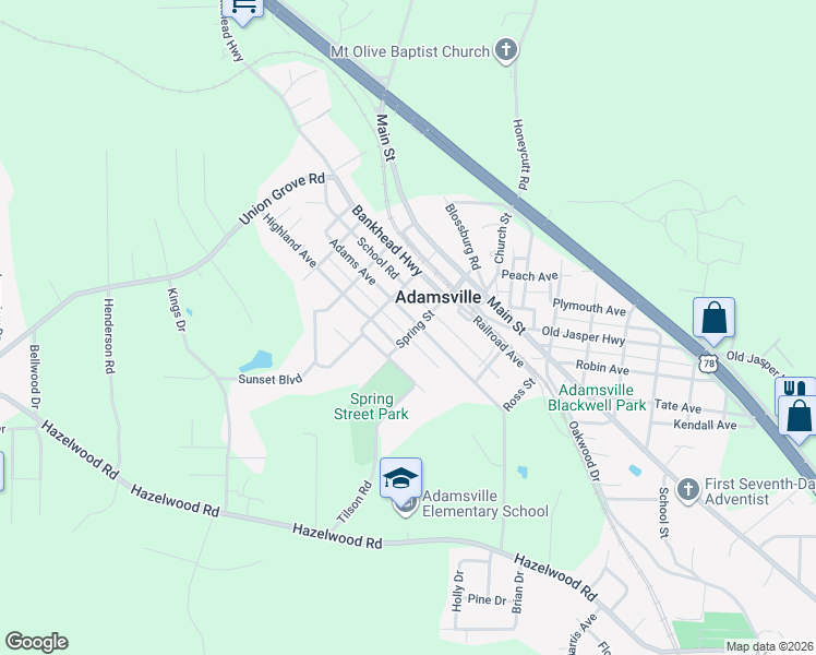 map of restaurants, bars, coffee shops, grocery stores, and more near 5020 Highland Avenue in Adamsville