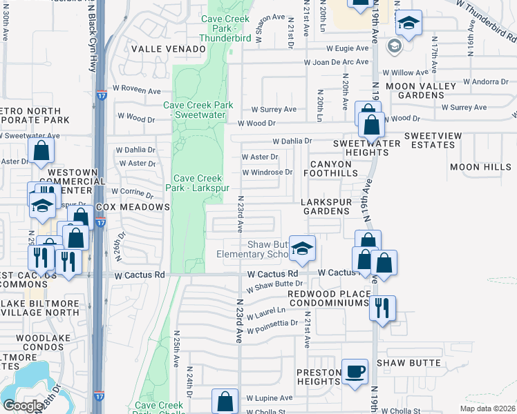 map of restaurants, bars, coffee shops, grocery stores, and more near 2229 West Larkspur Drive in Phoenix