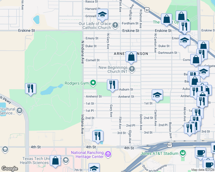 map of restaurants, bars, coffee shops, grocery stores, and more near 3200 Bates Street in Lubbock