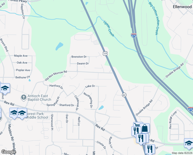 map of restaurants, bars, coffee shops, grocery stores, and more near 5675 Acorn Drive in Ellenwood