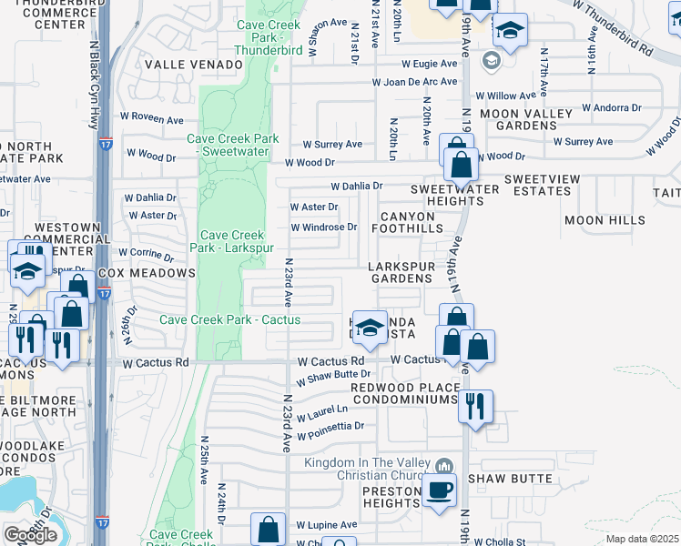 map of restaurants, bars, coffee shops, grocery stores, and more near 2149 West Larkspur Drive in Phoenix