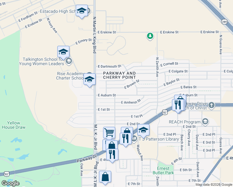 map of restaurants, bars, coffee shops, grocery stores, and more near 1801 East Auburn Street in Lubbock