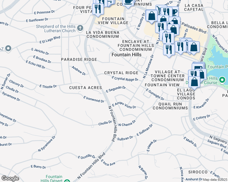 map of restaurants, bars, coffee shops, grocery stores, and more near 16333 East Segundo Drive in Fountain Hills