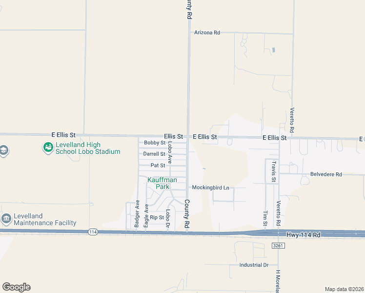 map of restaurants, bars, coffee shops, grocery stores, and more near 102 Bobby Street in Levelland