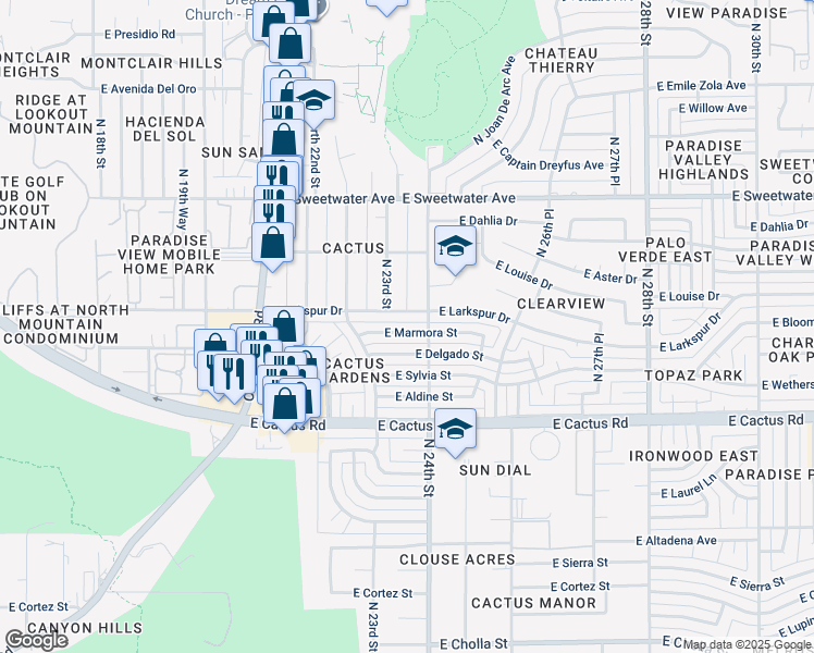map of restaurants, bars, coffee shops, grocery stores, and more near 2348 East Marmora Street in Phoenix