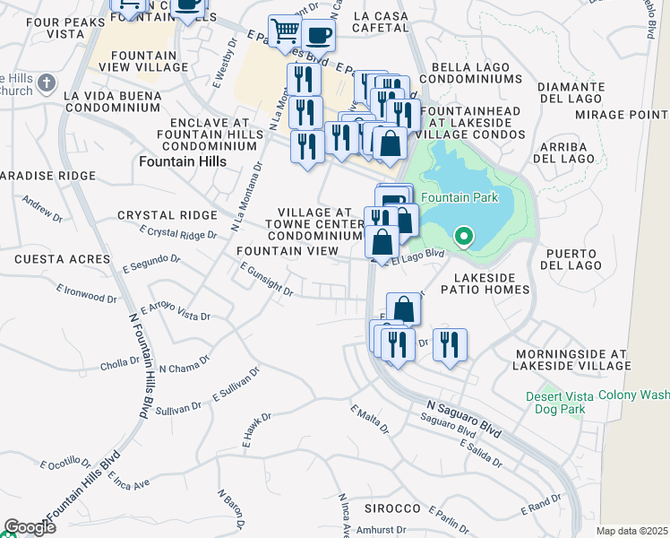 map of restaurants, bars, coffee shops, grocery stores, and more near 16805 East El Lago Boulevard in Fountain Hills