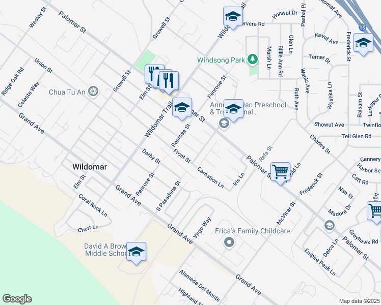 map of restaurants, bars, coffee shops, grocery stores, and more near 21717 Protea Court in Wildomar