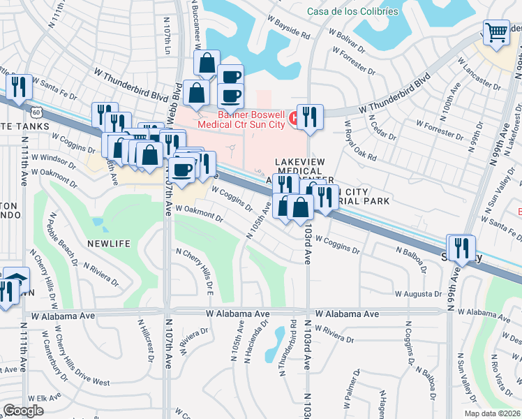 map of restaurants, bars, coffee shops, grocery stores, and more near 12626 North 105th Avenue in Sun City