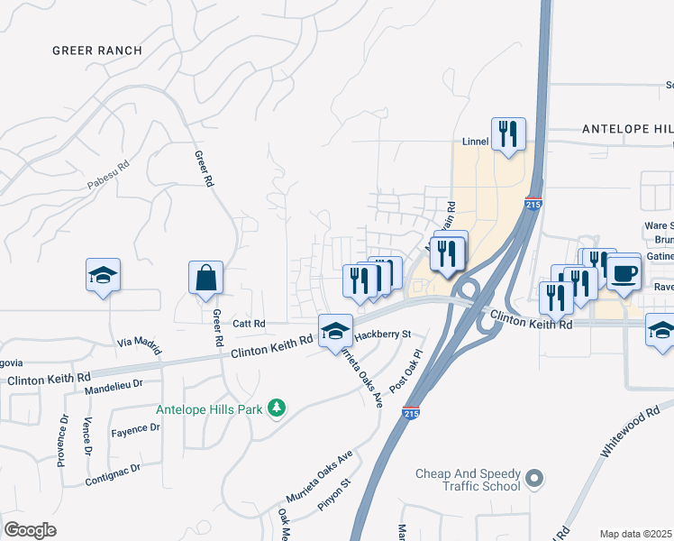 map of restaurants, bars, coffee shops, grocery stores, and more near 27400 Clarise Lane in Murrieta