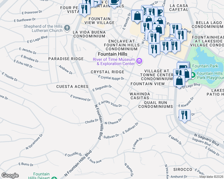 map of restaurants, bars, coffee shops, grocery stores, and more near 16421 East Segundo Drive in Fountain Hills