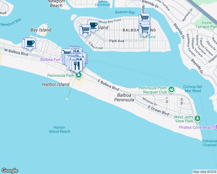 map of restaurants, bars, coffee shops, grocery stores, and more near 1127 East Balboa Boulevard in Newport Beach