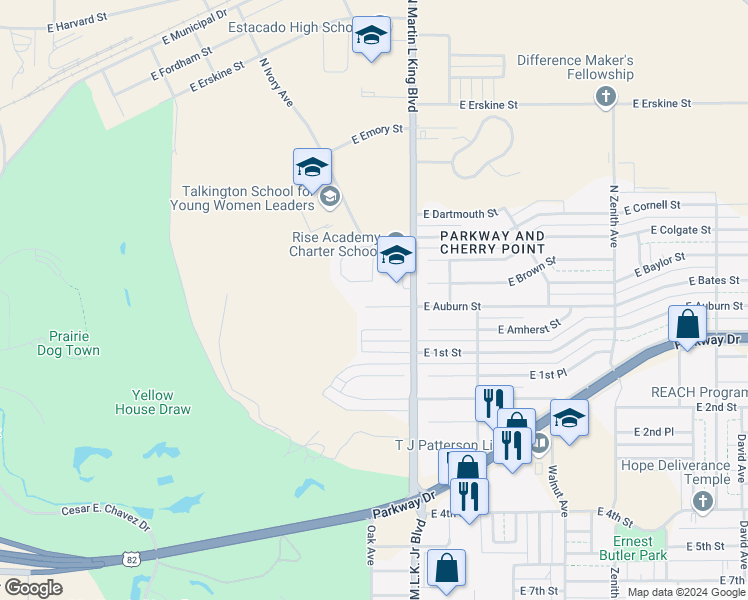 map of restaurants, bars, coffee shops, grocery stores, and more near 1507 East Auburn Street in Lubbock