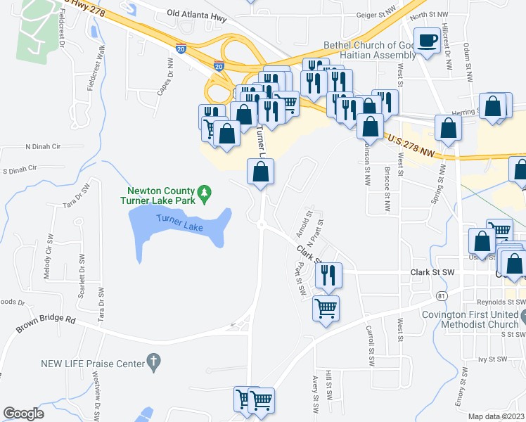 map of restaurants, bars, coffee shops, grocery stores, and more near 6185 Turner Lake Road Northwest in Covington
