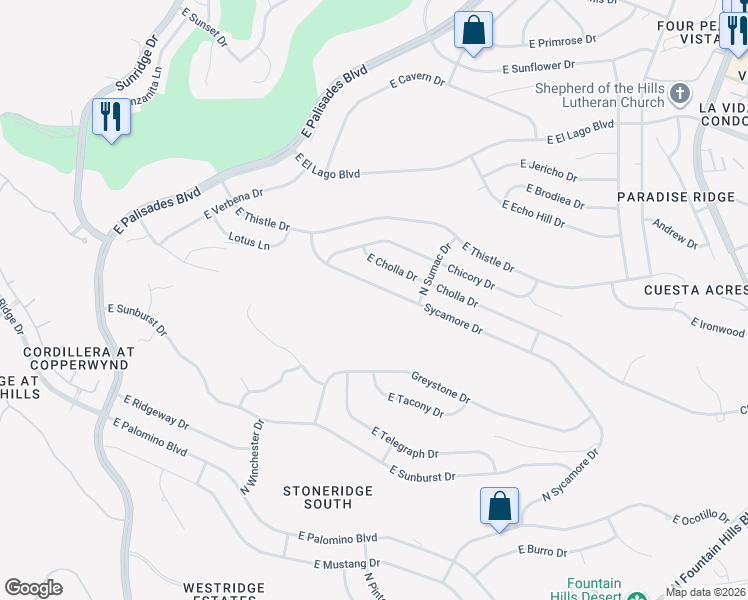 map of restaurants, bars, coffee shops, grocery stores, and more near 15529 Sycamore Drive in Fountain Hills