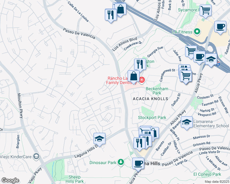 map of restaurants, bars, coffee shops, grocery stores, and more near 651 Avenida Sevilla in Laguna Woods
