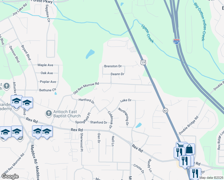 map of restaurants, bars, coffee shops, grocery stores, and more near 5666 Black Berry Row in Ellenwood