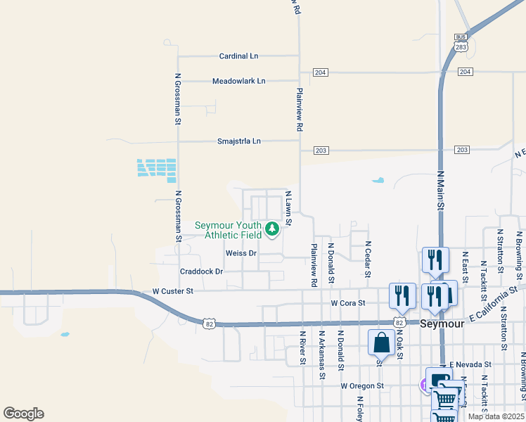 map of restaurants, bars, coffee shops, grocery stores, and more near 1205 North Lawn Street in Seymour