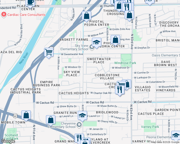 map of restaurants, bars, coffee shops, grocery stores, and more near 8628 North 86th Drive in Peoria