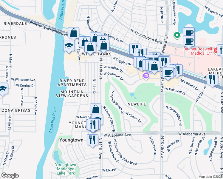 map of restaurants, bars, coffee shops, grocery stores, and more near 12658 North Pebble Beach Drive in Sun City