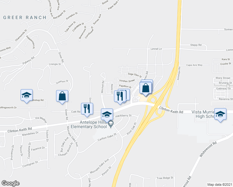 map of restaurants, bars, coffee shops, grocery stores, and more near 27441 Sierra Lane in Murrieta