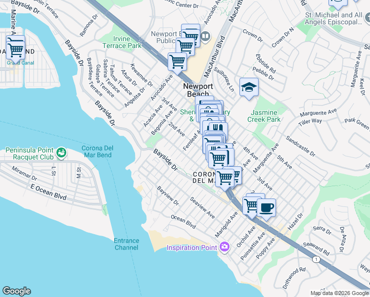 map of restaurants, bars, coffee shops, grocery stores, and more near Fernleaf Avenue in Newport Beach