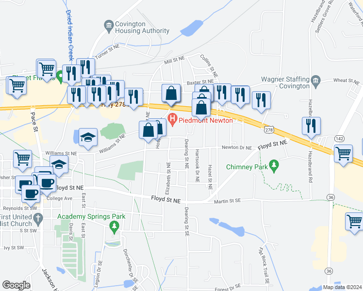 map of restaurants, bars, coffee shops, grocery stores, and more near 4195 Newton Drive Northeast in Covington