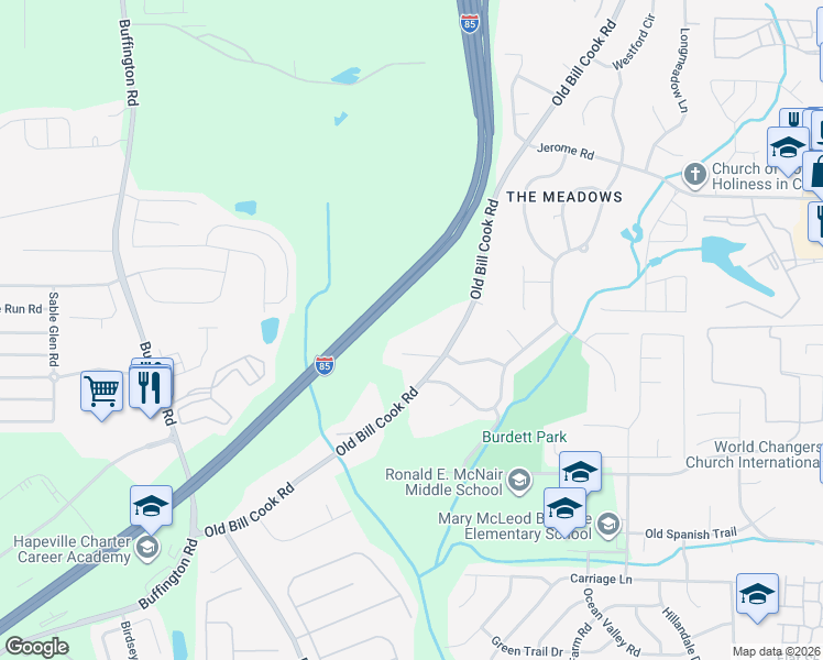 map of restaurants, bars, coffee shops, grocery stores, and more near 5735 Old Bill Cook Road in College Park