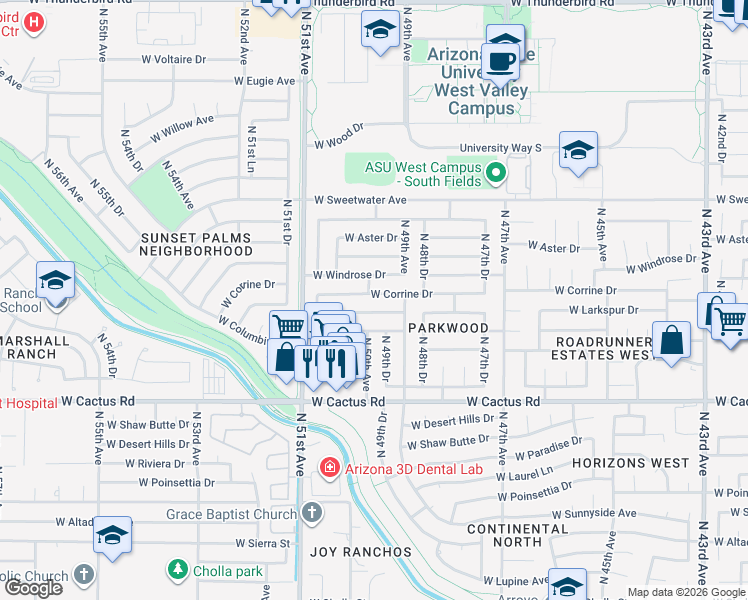 map of restaurants, bars, coffee shops, grocery stores, and more near 4933 West Corrine Drive in Glendale