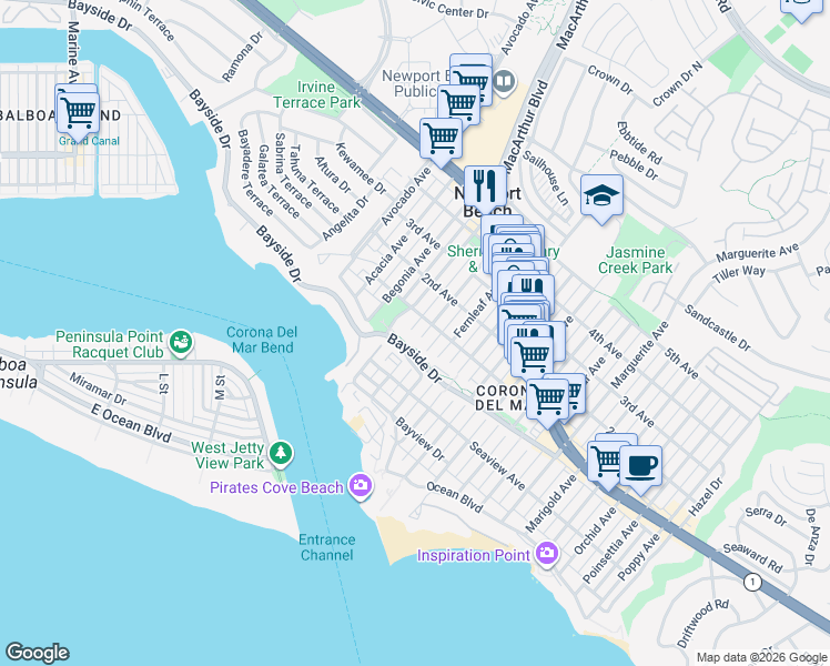 map of restaurants, bars, coffee shops, grocery stores, and more near 409 Dahlia Avenue in Newport Beach
